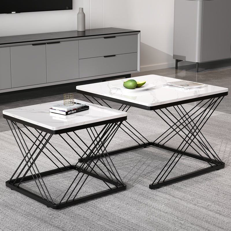 Set de 2 Tables Basses Carrées Effet Marbre Blanc et Noir - Design Moderne avec Pieds Réglables AVEDS