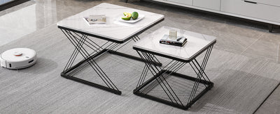 Set de 2 Tables Basses Carrées Effet Marbre Blanc et Noir - Design Moderne avec Pieds Réglables AVEDS