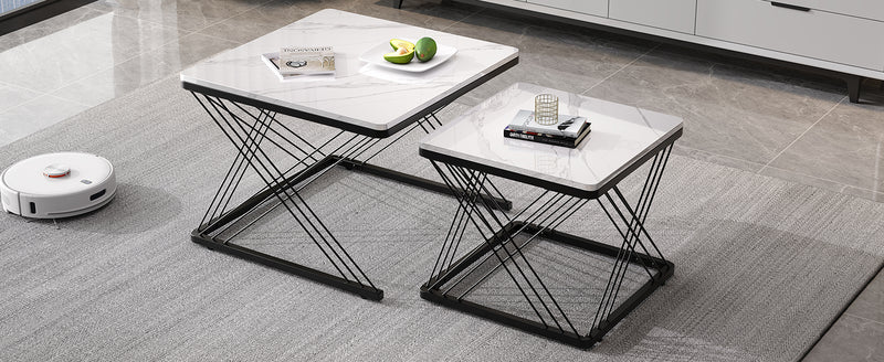 Set de 2 Tables Basses Carrées Effet Marbre Blanc et Noir - Design Moderne avec Pieds Réglables AVEDS