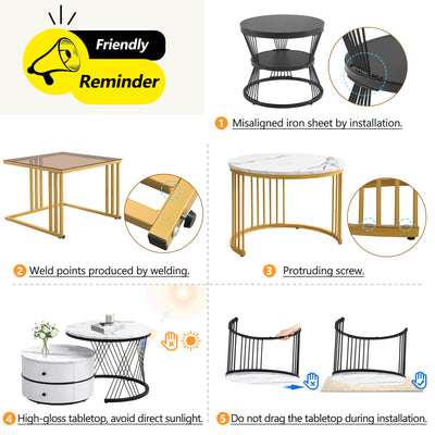 Set de 2 Tables Basses Carrées Effet Marbre Blanc et Noir - Design Moderne avec Pieds Réglables AVEDS