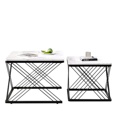 Set de 2 Tables Basses Carrées Effet Marbre Blanc et Noir - Design Moderne avec Pieds Réglables AVEDS