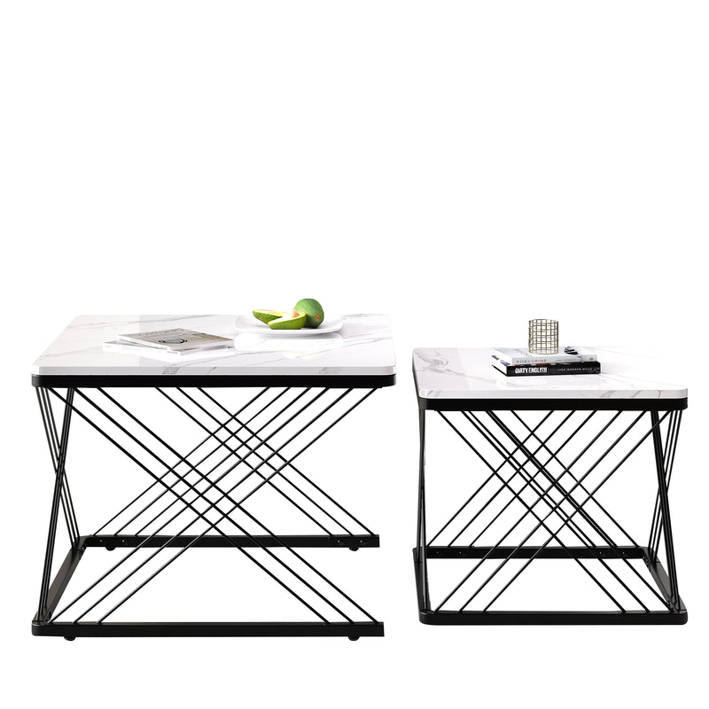 Set de 2 Tables Basses Carrées Effet Marbre Blanc et Noir - Design Moderne avec Pieds Réglables AVEDS