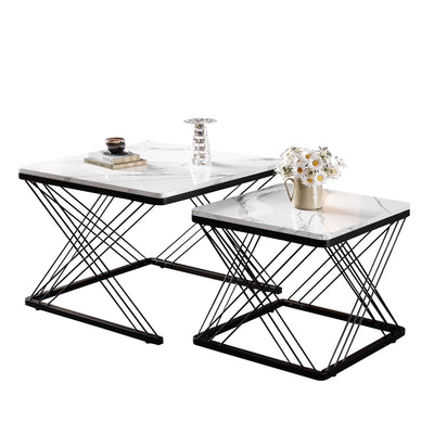 Set de 2 Tables Basses Carrées Effet Marbre Blanc et Noir - Design Moderne avec Pieds Réglables AVEDS