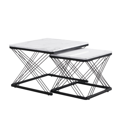 Set de 2 Tables Basses Carrées Effet Marbre Blanc et Noir - Design Moderne avec Pieds Réglables AVEDS