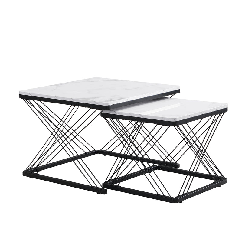 Set de 2 Tables Basses Carrées Effet Marbre Blanc et Noir - Design Moderne avec Pieds Réglables AVEDS