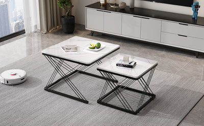Set de 2 Tables Basses Carrées Effet Marbre Blanc et Noir - Design Moderne avec Pieds Réglables AVEDS