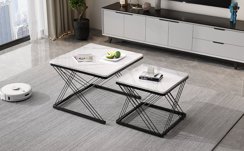 Set de 2 Tables Basses Carrées Effet Marbre Blanc et Noir - Design Moderne avec Pieds Réglables AVEDS