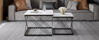 Set de 2 Tables Basses Carrées Effet Marbre Blanc et Noir - Design Moderne avec Pieds Réglables AVEDS