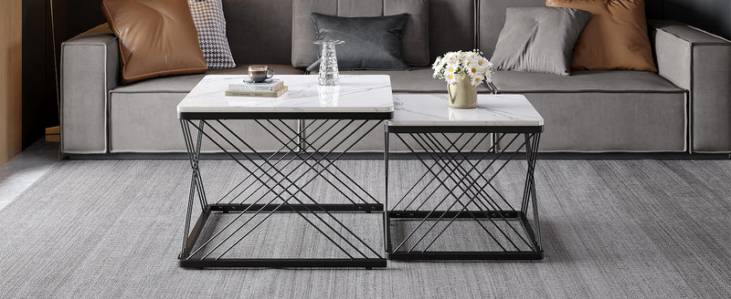 Set de 2 Tables Basses Carrées Effet Marbre Blanc et Noir - Design Moderne avec Pieds Réglables AVEDS