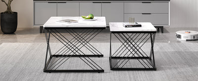 Set de 2 Tables Basses Carrées Effet Marbre Blanc et Noir - Design Moderne avec Pieds Réglables AVEDS