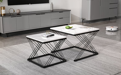 Set de 2 Tables Basses Carrées Effet Marbre Blanc et Noir - Design Moderne avec Pieds Réglables AVEDS