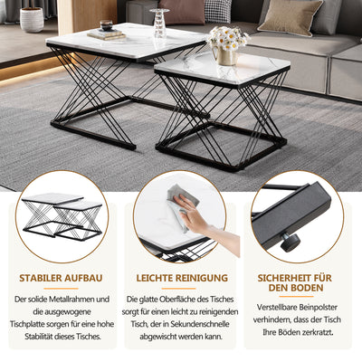 Set de 2 Tables Basses Carrées Effet Marbre Blanc et Noir - Design Moderne avec Pieds Réglables AVEDS