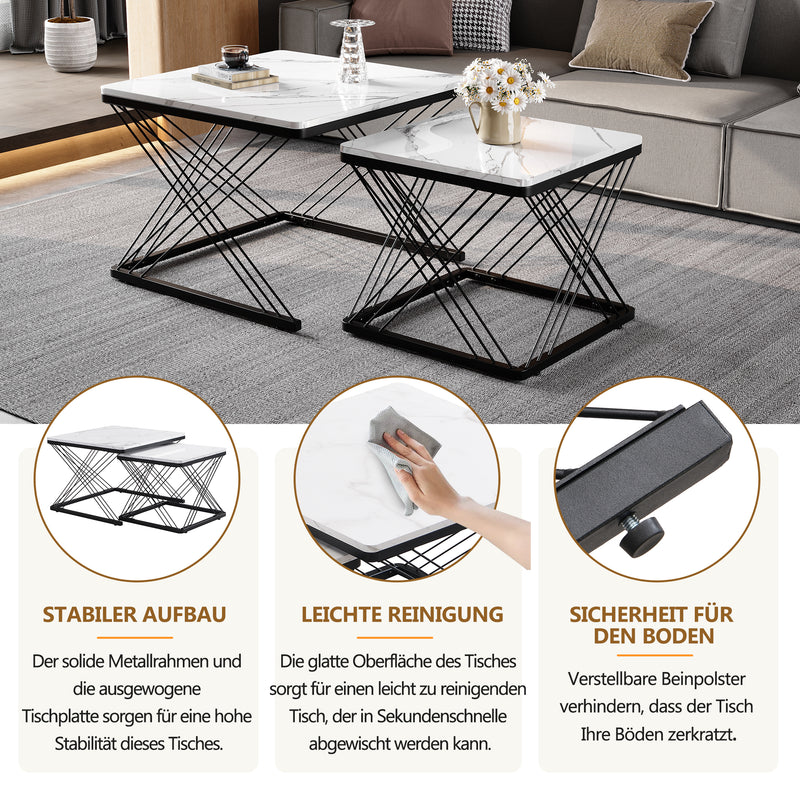 Set de 2 Tables Basses Carrées Effet Marbre Blanc et Noir - Design Moderne avec Pieds Réglables AVEDS