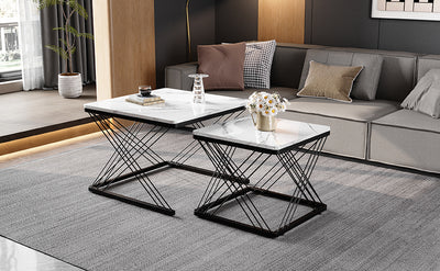 Set de 2 Tables Basses Carrées Effet Marbre Blanc et Noir - Design Moderne avec Pieds Réglables AVEDS