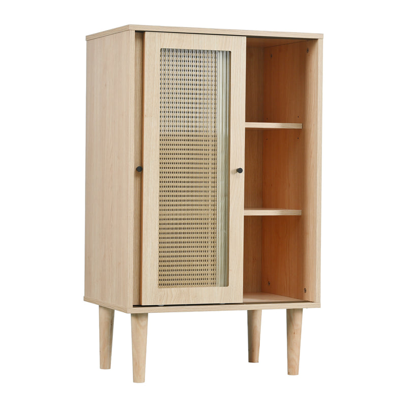 Buffet Haut Moderne en Chêne avec Portes Coulissantes en Verre et Rotin PE BAMPHUDS