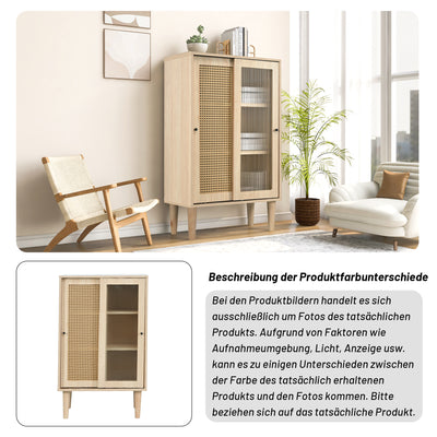 Buffet Haut Moderne en Chêne avec Portes Coulissantes en Verre et Rotin PE BAMPHUDS