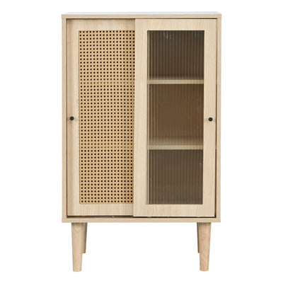 Buffet Haut Moderne en Chêne avec Portes Coulissantes en Verre et Rotin PE BAMPHUDS