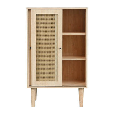 Buffet Haut Moderne en Chêne avec Portes Coulissantes en Verre et Rotin PE BAMPHUDS