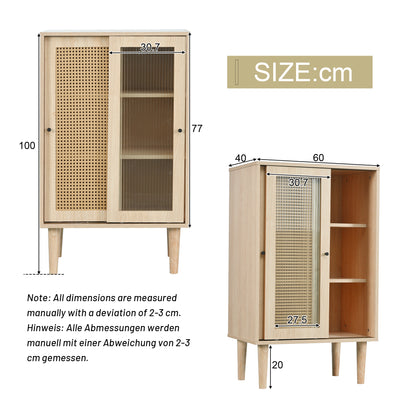 Buffet Haut Moderne en Chêne avec Portes Coulissantes en Verre et Rotin PE BAMPHUDS