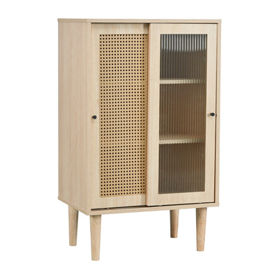 Buffet Haut Moderne en Chêne avec Portes Coulissantes en Verre et Rotin PE BAMPHUDS