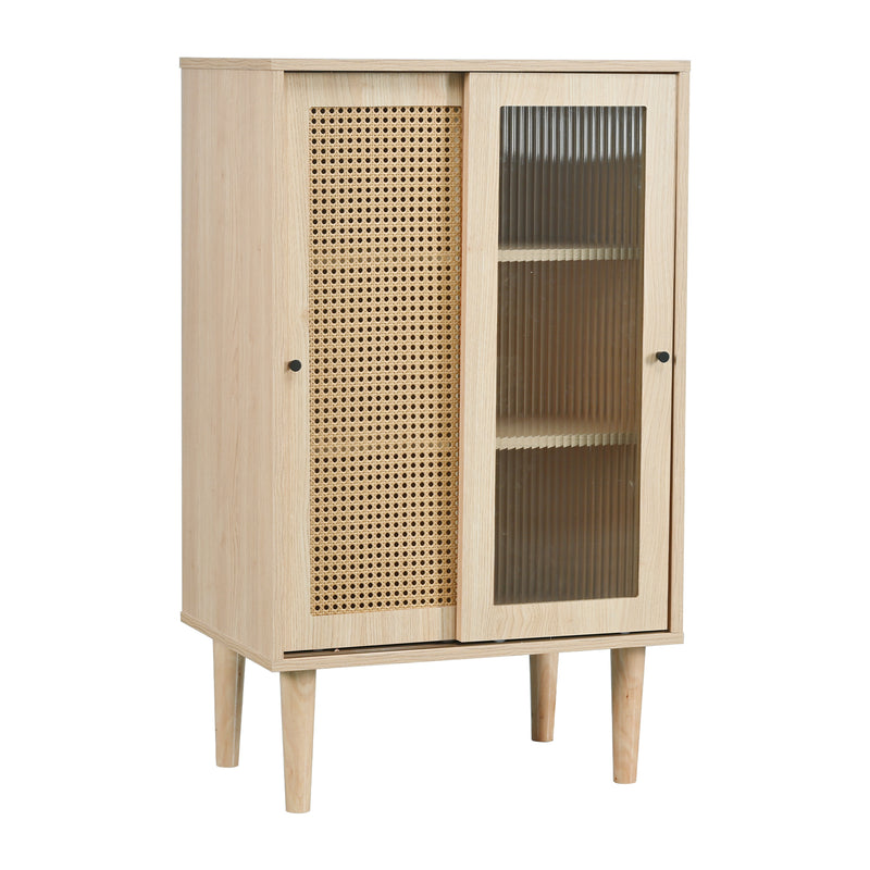 Buffet Haut Moderne en Chêne avec Portes Coulissantes en Verre et Rotin PE BAMPHUDS