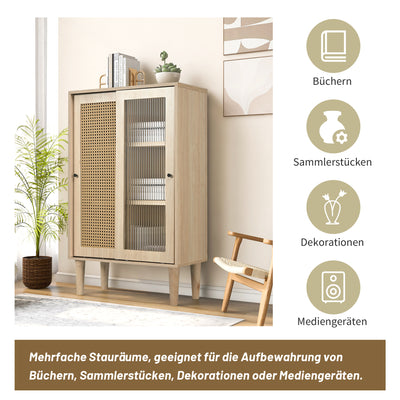 Buffet Haut Moderne en Chêne avec Portes Coulissantes en Verre et Rotin PE BAMPHUDS