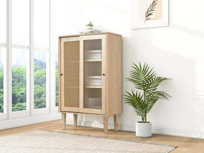Buffet Haut Moderne en Chêne avec Portes Coulissantes en Verre et Rotin PE BAMPHUDS