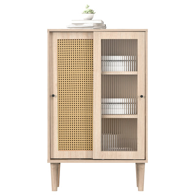 Buffet Haut Moderne en Chêne avec Portes Coulissantes en Verre et Rotin PE BAMPHUDS