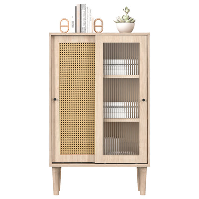 Buffet Haut Moderne en Chêne avec Portes Coulissantes en Verre et Rotin PE BAMPHUDS