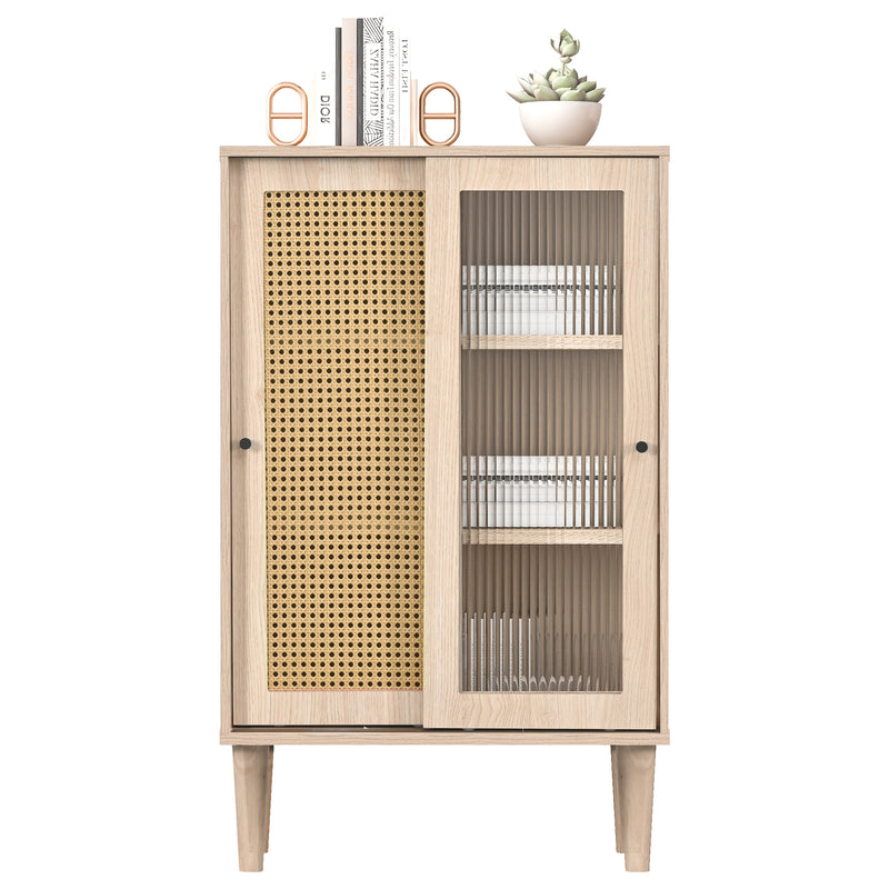 Buffet Haut Moderne en Chêne avec Portes Coulissantes en Verre et Rotin PE BAMPHUDS
