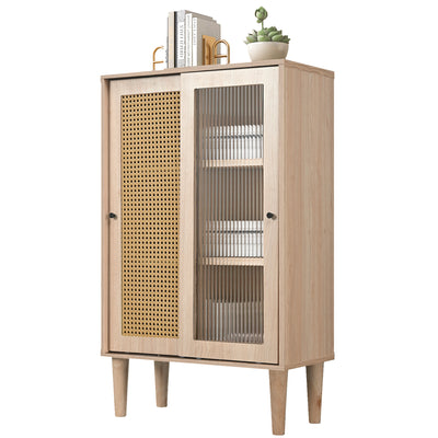 Buffet Haut Moderne en Chêne avec Portes Coulissantes en Verre et Rotin PE BAMPHUDS