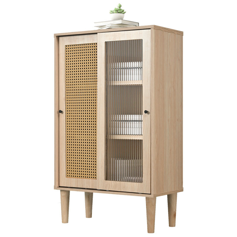 Buffet Haut Moderne en Chêne avec Portes Coulissantes en Verre et Rotin PE BAMPHUDS