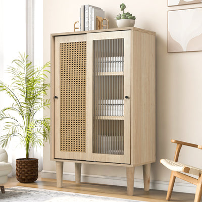 Buffet Haut Moderne en Chêne avec Portes Coulissantes en Verre et Rotin PE BAMPHUDS