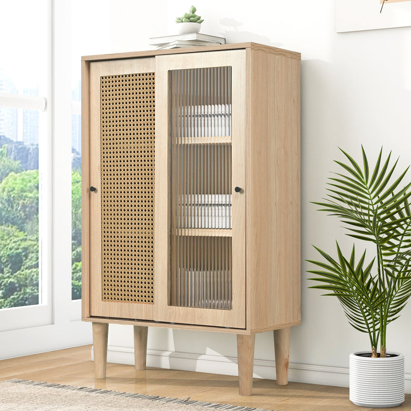 Buffet Haut Moderne en Chêne avec Portes Coulissantes en Verre et Rotin PE BAMPHUDS