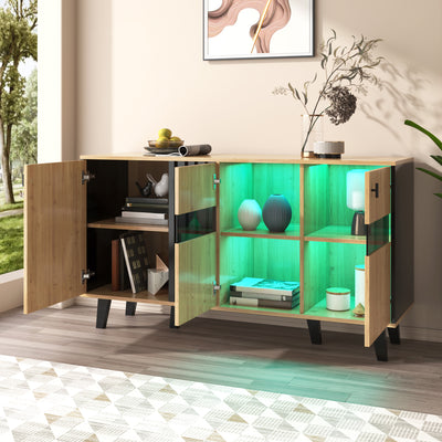 Buffet Design Moderne Noir & Bois Naturel avec 3 Portes Vitrées LED et Rangement Polyvalent (140x41x78.5cm) BHETTER