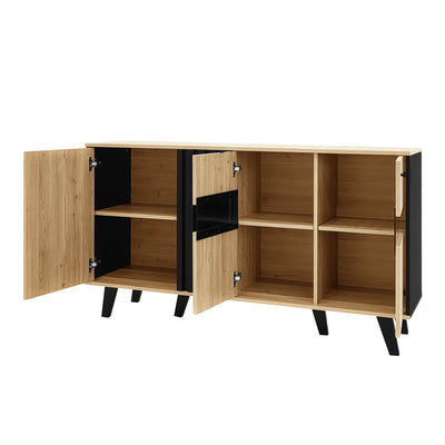Buffet Design Moderne Noir & Bois Naturel avec 3 Portes Vitrées LED et Rangement Polyvalent (140x41x78.5cm) BHETTER