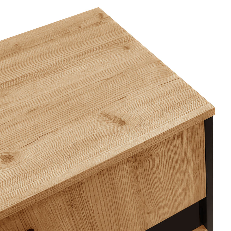 Buffet Design Moderne Noir & Bois Naturel avec 3 Portes Vitrées LED et Rangement Polyvalent (140x41x78.5cm) BHETTER