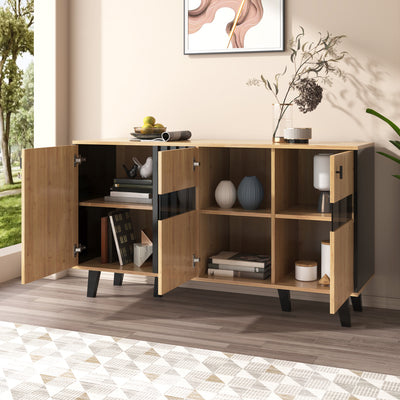 Buffet Design Moderne Noir & Bois Naturel avec 3 Portes Vitrées LED et Rangement Polyvalent (140x41x78.5cm) BHETTER