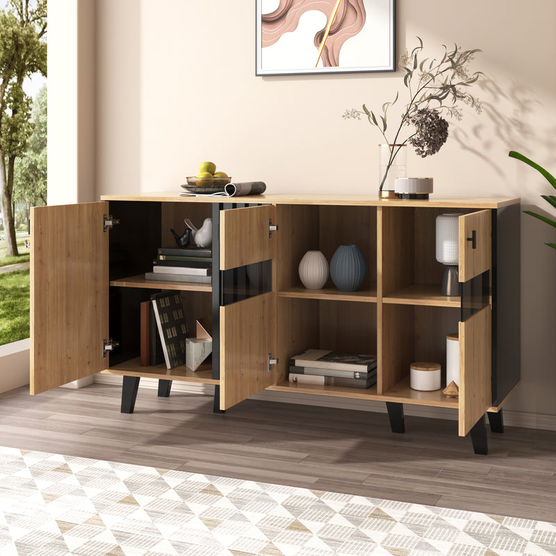 Buffet Design Moderne Noir & Bois Naturel avec 3 Portes Vitrées LED et Rangement Polyvalent (140x41x78.5cm) BHETTER