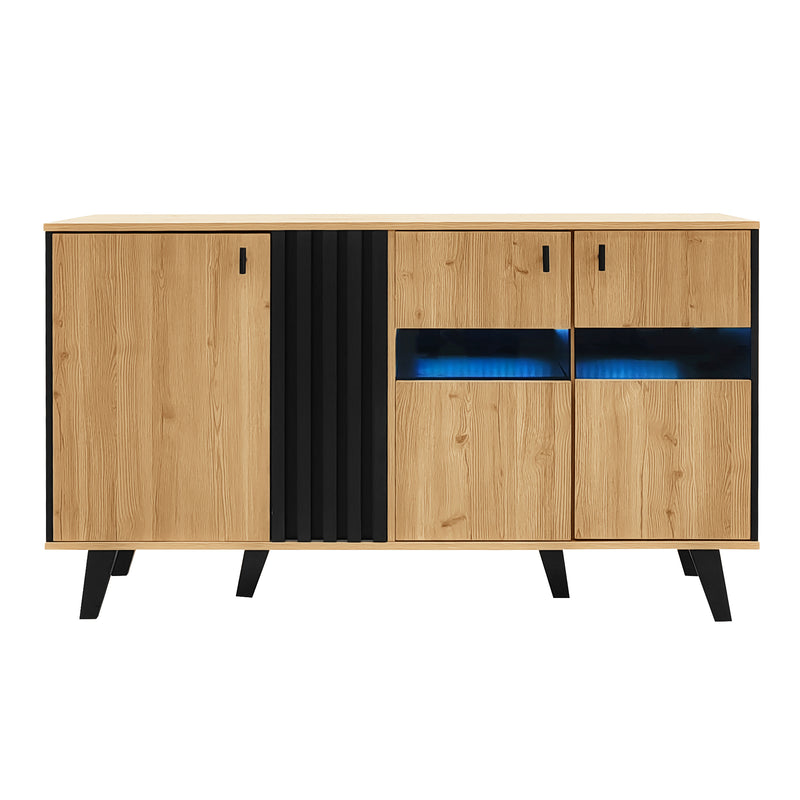 Buffet Design Moderne Noir & Bois Naturel avec 3 Portes Vitrées LED et Rangement Polyvalent (140x41x78.5cm) BHETTER