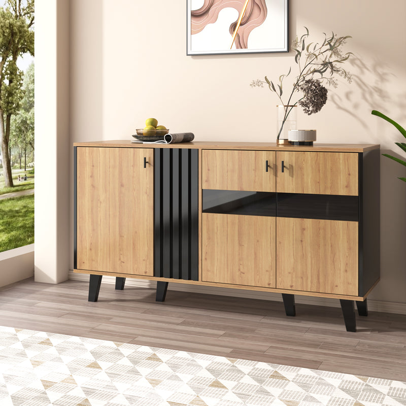 Buffet Design Moderne Noir & Bois Naturel avec 3 Portes Vitrées LED et Rangement Polyvalent (140x41x78.5cm) BHETTER