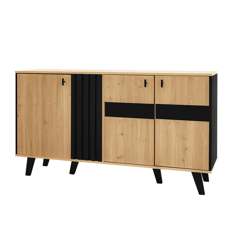 Buffet Design Moderne Noir & Bois Naturel avec 3 Portes Vitrées LED et Rangement Polyvalent (140x41x78.5cm) BHETTER