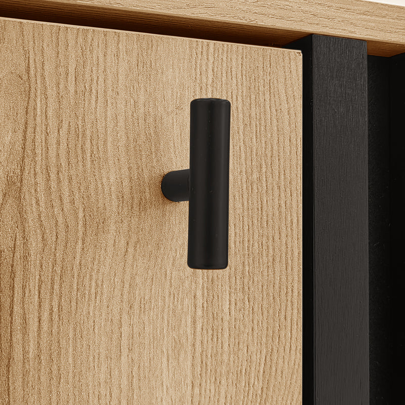 Buffet Design Moderne Noir & Bois Naturel avec 3 Portes Vitrées LED et Rangement Polyvalent (140x41x78.5cm) BHETTER