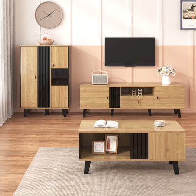 Buffet Design Moderne Noir & Bois Naturel avec 3 Portes Vitrées LED et Rangement Polyvalent (140x41x78.5cm) BHETTER