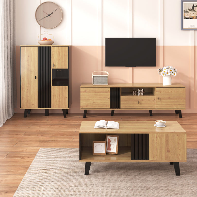 Buffet Design Moderne Noir & Bois Naturel avec 3 Portes Vitrées LED et Rangement Polyvalent (140x41x78.5cm) BHETTER