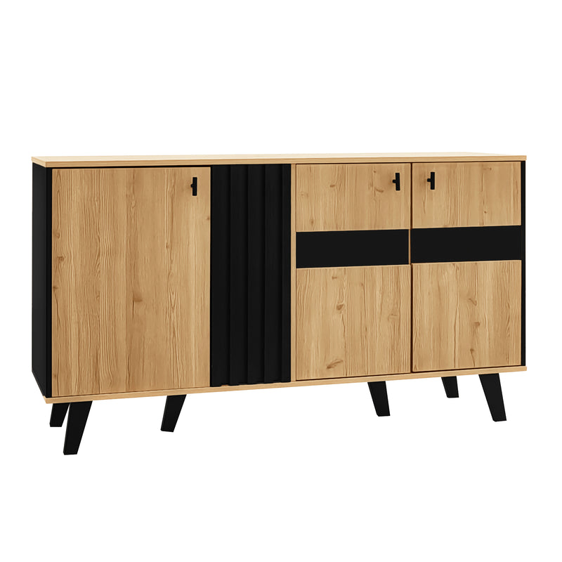 Buffet Design Moderne Noir & Bois Naturel avec 3 Portes Vitrées LED et Rangement Polyvalent (140x41x78.5cm) BHETTER