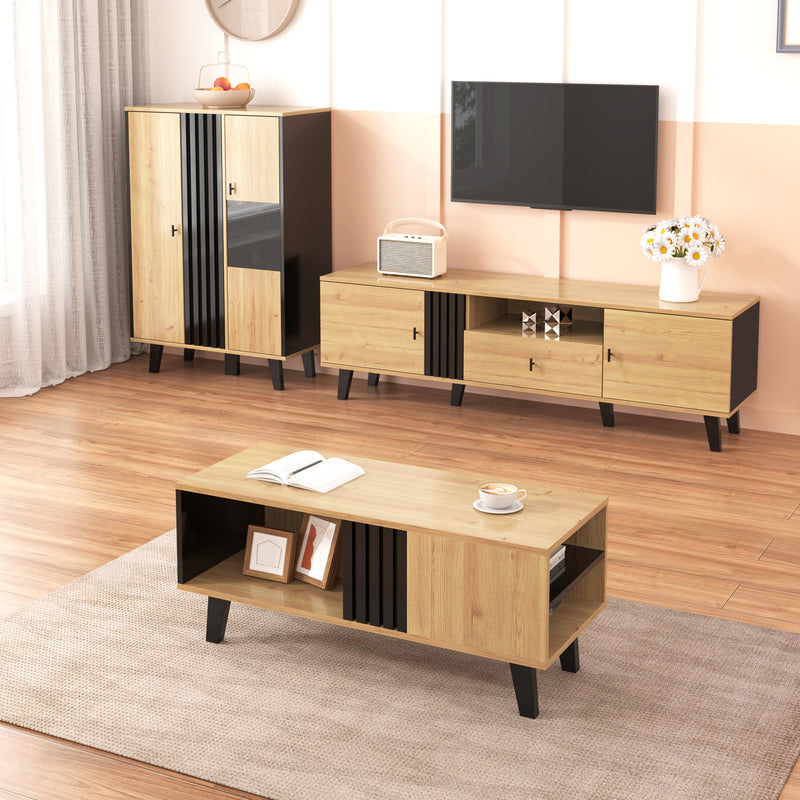 Buffet Design Moderne Noir & Bois Naturel avec 3 Portes Vitrées LED et Rangement Polyvalent (140x41x78.5cm) BHETTER