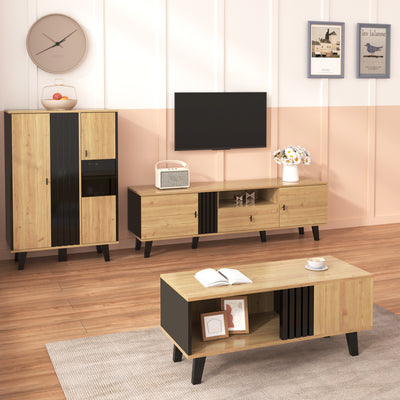 Buffet Design Moderne Noir & Bois Naturel avec 3 Portes Vitrées LED et Rangement Polyvalent (140x41x78.5cm) BHETTER