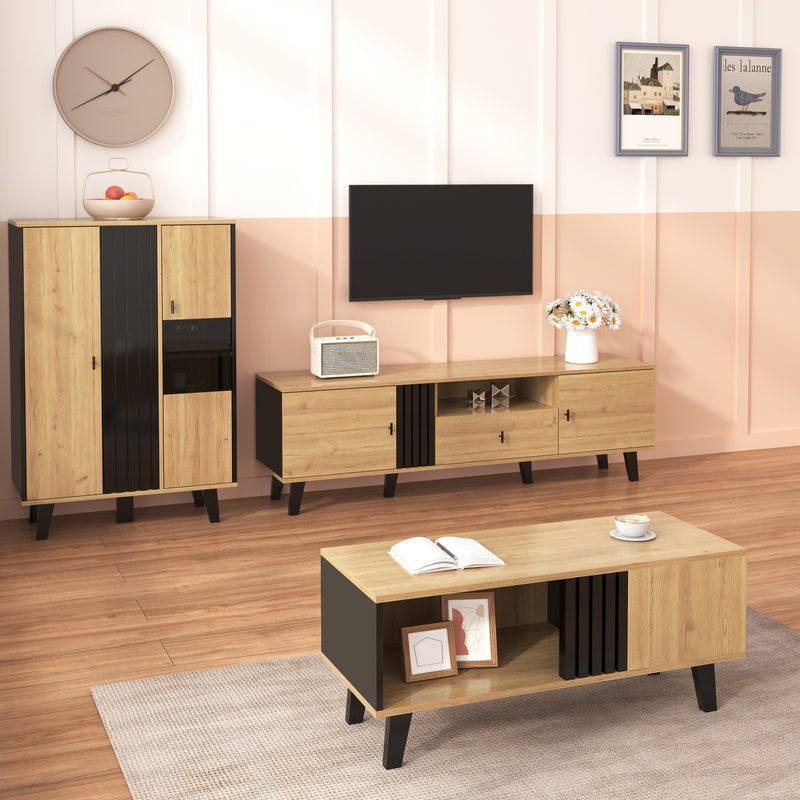 Buffet Design Moderne Noir & Bois Naturel avec 3 Portes Vitrées LED et Rangement Polyvalent (140x41x78.5cm) BHETTER