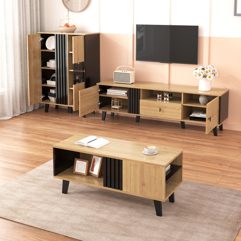 Buffet Design Moderne Noir & Bois Naturel avec 3 Portes Vitrées LED et Rangement Polyvalent (140x41x78.5cm) BHETTER